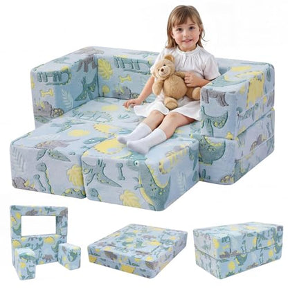 MeMoreCool Glow in Dark Dinosaur Kids Couch, Fold Out Loveseat Sofa | Glow in dark dinosaur kids loveseat folds out to mini sofa - color: Blue Dinosaur