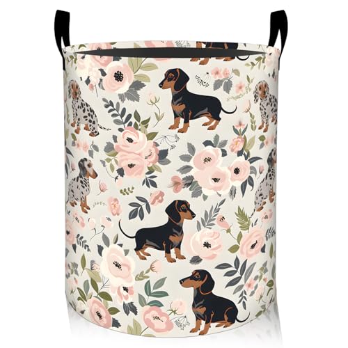 Floral Dachshund Dog Laundry Basket, Oxford Cloth Playful Dirty Clothes Collapsible Hamper for Room Decor, Flower and Puppy Print Gifts Toy Organizer 19.7 * 15.7 Inch for Bedroom Bathroom Dorm - style: Dachshund
