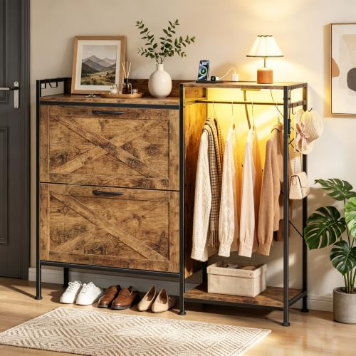 Shoe Cabinet with 2 Flip Drawers and Coat Rack, 41.3" W | Charging Station&LED Lights, 4 Side Hooks, Adjustable Shelves, Hidden Shoe Storage Cabinet, for Entryway, Hallway