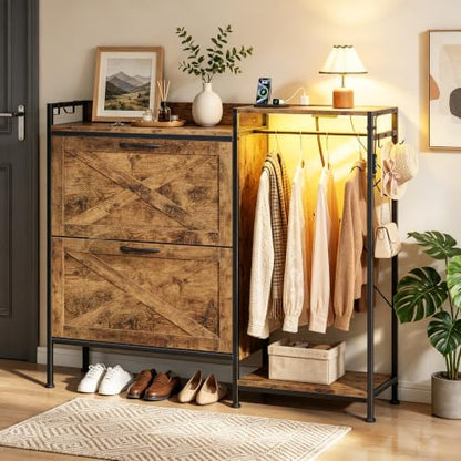 Shoe Cabinet with 2 Flip Drawers and Coat Rack, 41.3" W | Charging Station&LED Lights, 4 Side Hooks, Adjustable Shelves, Hidden Shoe Storage Cabinet, for Entryway, Hallway