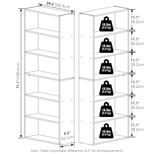 Furinno Jaya Book Shelf Set of 2, 6-Tier Bookshelf, Bookcase, 9.5 x 24.6 x 71, for Home Office, Living Room, Espresso - color: Espresso, size: Set of 2, 6-Tier