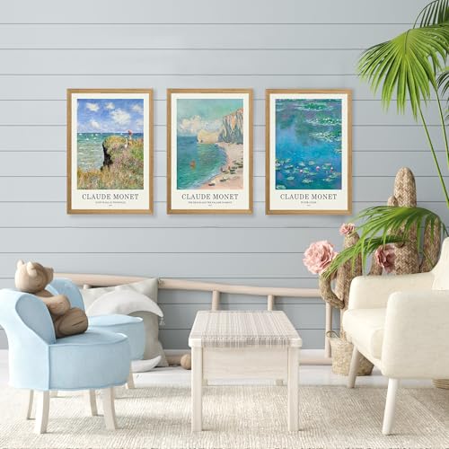 JLTULT Claude Monet Wall Art Set of 3, Solid Wood Frames, 16 x 24 in Each | Monet impressionist prints on fade-resistant canvas with ready-to-hang solid wood frames for living rooms and bedrooms - color: Monet, size: 24"L x 16"W