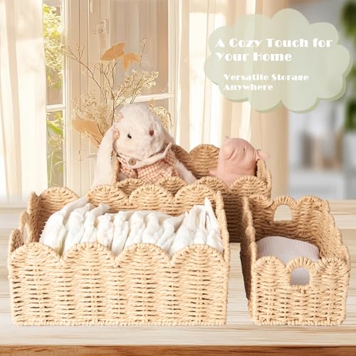 Scalloped Wicker Baskets Set of 3, Hand-Woven Storage with Handles | set of 3 beige scalloped baskets with handles. Hand-woven paper rope for shelves, bathroom or closet. Stackable, sturdy. - color: Beige