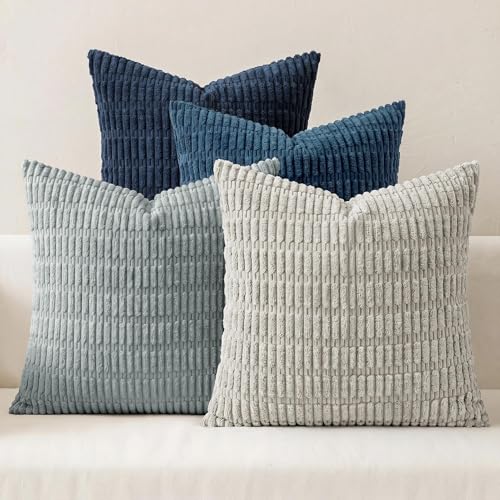 Pack of 4 Corduroy Decorative Throw Pillow Covers 16x16 Inch, Grey/Blue | Soft Striped Farmhouse Boho Modern Home Decor Throw Pillow Covers for Couch Sofa Bedroom Living Room - color: Grey/Blue, size: 16" x 16" (Pack of 4)