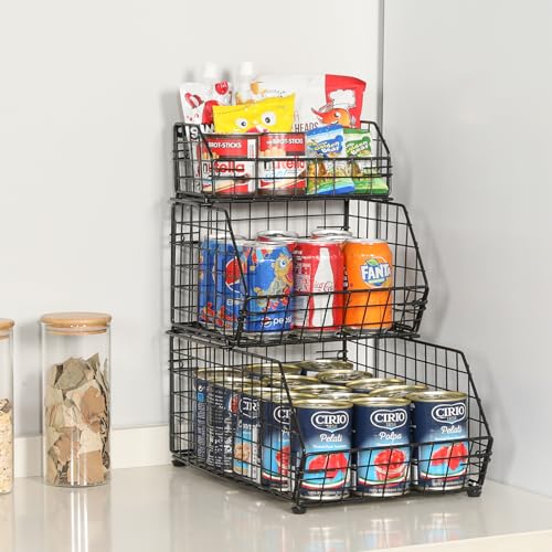 3-Tier Fruit Basket for Kitchen Counter, Stackable Wire Baskets Wall, Potato and Onion Storage Bins, Pantry Organizers, Pantry Storge and Storage for Potato, Onion, Produce, Fruit, Vegetable, Snack