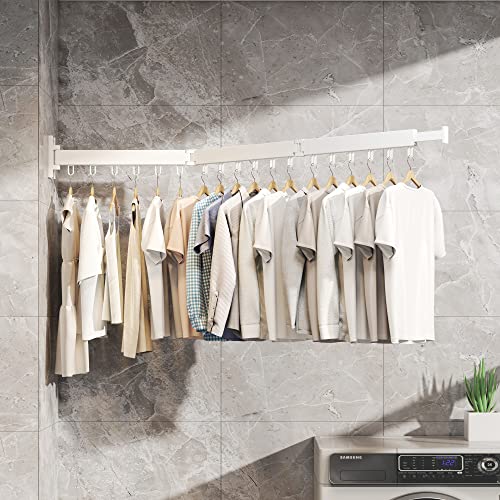 HEILAIYI Clothes Drying Rack,Laundry Drying Rack,Wall Mounted Clothes Rack,Laundry Rack Wall Mount,Folding Retractable Collapsible Drying Rack Clothing (Three-Poles,Loop Hooks,White) - size: White/Loop-Shape Hooks