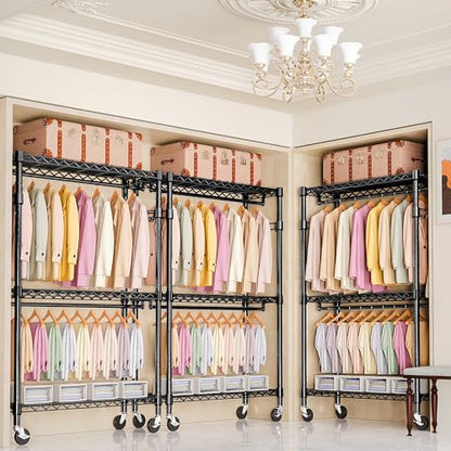 M MZG Heavy Duty Rolling Garment Rack 3 Tiers Adjustable Wire Shelving Clothes Rack with 2 Rods and Side Hooks, Storage Closet Clothing Rack with Wheels Black 17.7" D x 47.2" W x 83.6" H - color: Black, size: 3 Tiers with 2 rods, 17.7"D x 47.2"W x 83.6"H