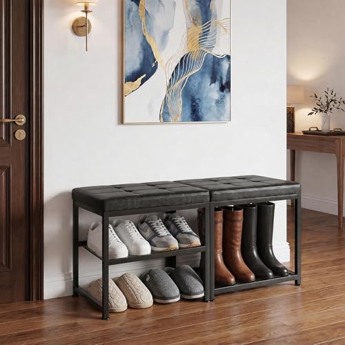 DreamDashio Set of 2 Small Shoe Storage Benches with PU Leather Cushion, 3-Tier Shoe Rack Organizer for Entryway, Metal Mesh Shelves, Holds Up to 300 lbs, Black (31.5"x11.4"x17.5") - color: Black, size: 31.5"L