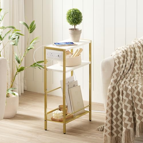 HOOBRO Small Narrow Side Table with Charging Station, Skinny End Table for Small Spaces, Slim Nightstand with USB Ports Outlet, Sofa Beside Table with Storage Shelf, White and Gold DW102UBZ01 - color: Gold + White