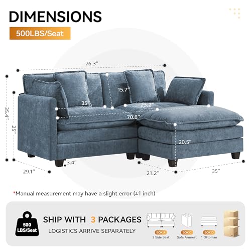 76'' Cloud Deep Seat Loveseat Sofa, Upholstered Chenille Modular 2-Seats Sectional Sofa Couch with Movable Ottoman, Modern Comfy Settee Loveseat for Living Room Set, Small Apartment, Blue - color: Blue, size: 76'' L Shape