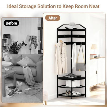 Black Freestanding Corner Coat Rack, Multi-use Metal Hall Tree with Mesh Storage Shelf, Anti-toppling Stable Clothes & Shoe Organizer for Entryway Bedroom Home Decor