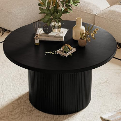 MAISONARIA Black Round Coffee Table with Metal Frame, 35.4" Coffee Tables for Living Room, Circle Wood Accent Center Table for Apartment - color: Black