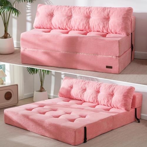 MAXYOYO Folding Sofa Bed, Convertible Chair Bed with Pillow | Portable 4 in 1 Fold Out Chair to Floor Bed, Versatile Floor Sofa Couch for Living Room Bedroom, Pink, Double - color: Pink, size: Loveseat