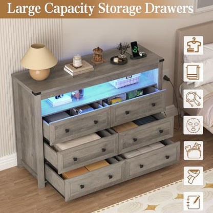Grey Dresser 6 Drawer Dressers for Bedroom with LED Lights, Charging Station, Wood Chest of Drawers with Metal Handles, Modern TV Stand Storage Cabinet for Living Room, Hallway, Entryway, Gray - color: Grey, style: LED 6 Drawers