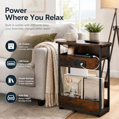 Narrow Side Table With Charging Station, 3-Tier End Table with 2 USB Ports & Power Outlets,Thin Sofa Side Table for Narrow and Small Spaces, Bedside Table Nightstand for Living Room,Rustic Brown - color: Rustic Brown