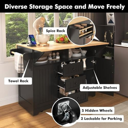 Kitchen Island with 2 Drop Leaf, Home Cart Island on Wheels Foldable Dining Table with Power Outlets,3 Drawers,Storage Cabinet, Tower Rack(Black) - color: Black