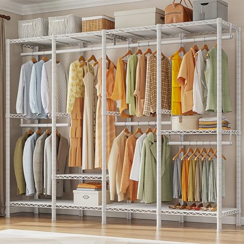 Raybee Heavy Duty Clothes Rack, 1150lbs Capacity, Adjustable | 76" W Freestanding, Steel Structure, 4 Rods & 6 Shelves, Tool-Free Assembly, Sturdy for Closet, Bedroom, White - color: White, style: Heavy Duty Clothes Rack