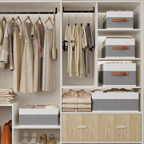 Storage Bins Organizers,13×9.1×5.5In,White/Grey Boxes,6Pack | Clothing Storage Baskets,Fabric Closet Organizer,Foldable Containers with PP Plastic Board,Large Cubes for Clothes,Hat,Books - color: White/Grey, size: Medium -6 Pack