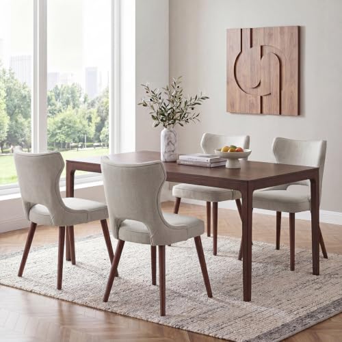 Wooden Dining Chairs Set of 4, Mid Century Dining Room Chairs with Solid Wood Legs, Upholstered Fabric Kitchen Chairs with Ergonomic Curved Backrest for Kitchen Dining Room, Camel - color: Camel, size: Set of 4