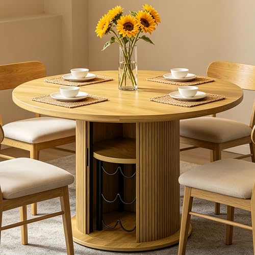Wildhome Round Dining Table for 2-3, 31 Inch Dining Room Kitchen Table with 2-Tier Storage Shelf & Wine Rack, Modern Farmhouse Fluted Wood Slide Door Dinner Furniture,Circle(Non scalable-32 Inch-Oak) - color: Non-scalable-32 Inch-oak