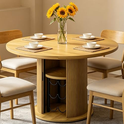 Wildhome Round Dining Table for 2-3, 31 Inch Dining Room Kitchen Table with 2-Tier Storage Shelf & Wine Rack, Modern Farmhouse Fluted Wood Slide Door Dinner Furniture,Circle(Non scalable-32 Inch-Oak) - color: Non-scalable-32 Inch-oak