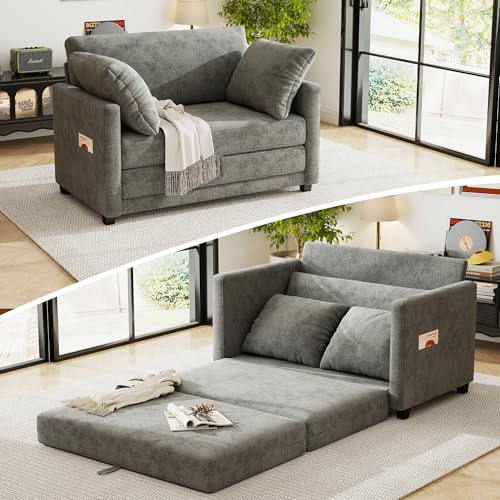 51" Loveseat Sleeper Sofa Bed, Chenille Convertible Floor Sofa Bed for Small Spaces, Folding Couch Bed with Deep Seat, 2 Pillows & Solid Frame, Pull Out Floor Couch for Living Room, Grey - color: Grey, size: 51" W