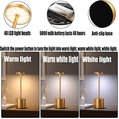 2Pack Cordless Table Lamp, Rechargeable LED Battery 5000mAh Metal USB Portable Powered Desk Lamp, 3 Levels Brightness Light for Restaurants Outdoor (2pack 10.25in Gold) | Battery 5000mAh Metal USB Portable Powered Desk Lamp, 3 Levels Brightness Light for