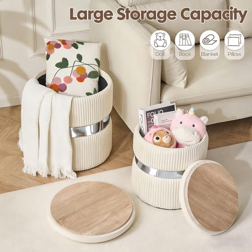 Round Ottoman with Storage Set of 2 White Velvet Vanity Stool | Upholstered,Small Ottoman Coffee Table,Removable Lid,Foot Stool for Living Room,Bedroom,Assembly Free, Silver and White - color: White