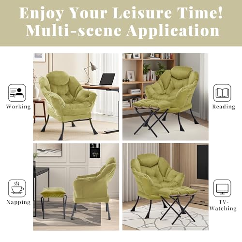 Lazy Chair with Ottoman, Comfy Reading Chair, Olive Green | Cushioned Seat with Foldable Ottoman and Side Pocket, Lounge Chair for Bedroom, Living Room, Dorm and Small Spaces - color: Sage Green