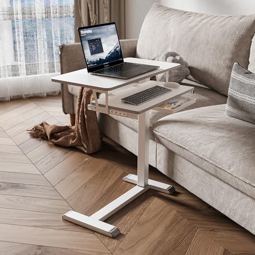 ETHU Overbed Table with Wheels, Medical Table with Drawer, Hospital Bed Table, Workstation Desk, Adjustable Overbed Bedside Rolling Laptop Desk, Marble White | Mobile Table Tray for Sofa Side, Hospital Bed Workstation Table for Home and Office Laptop Use,