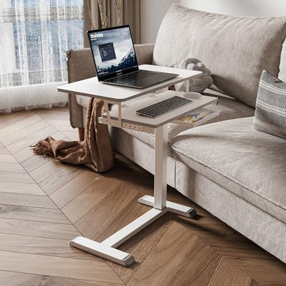 ETHU Overbed Table with Wheels, Medical Table with Drawer, Hospital Bed Table, Workstation Desk, Adjustable Overbed Bedside Rolling Laptop Desk, Marble White | Mobile Table Tray for Sofa Side, Hospital Bed Workstation Table for Home and Office Laptop Use,