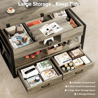 40" Lift Top Coffee Table with Storage,Grey | 4 in 1 Multi-Function Lifting top Coffee Tables with Storage Drawers and Hidden Compartmen,for Living Room - color: Grey