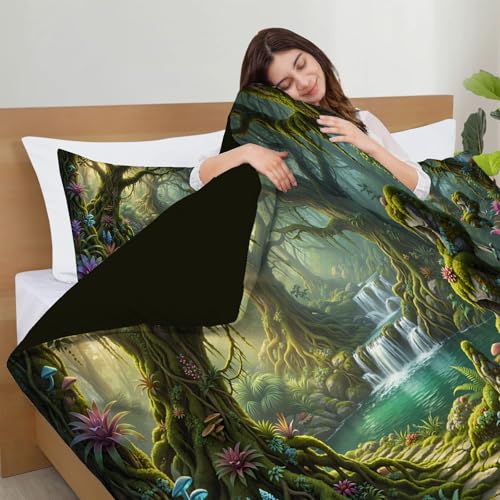 Magical Forest Duvet Cover King,3D Printed Bedding Set 3 Pieces,Comy Reversible ancient trees and mushrooms Duvet Cover Set with 2 Pillow Shams,Zipper Closure and 4 Ties,104 x 90 in,Emerald green - size: King（104 x 90 in）