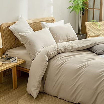 BESTOUCH Cotton Solid Duvet Cover Set Linen Feel Almond Milk Grey Twin | 100% Washed Cotton, Soft Wrinkle Texture, Hidden Zipper, 8 Ties, Breathable Lightweight Durable Comfy, 2 Pcs No Insert - color: Almond Milk Grey (No Comforter), size: Twin/Twin XL (6