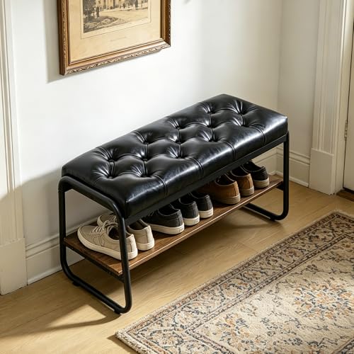 Forteek 32'' Tufted Shoe Bench, Entryway Bench with Shoe Storage Shelf | Upholstered Faux Leather Padded Seat & Metal Frame, Industrial Shoe Rack Bench for Hallway, Bedroom, Foyer(Black) - color: Vintage Black