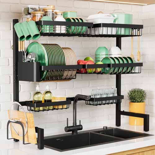 Kitsure Adjustable Over The Sink Dish Drying Rack, 31.5" -39.4" x 30.3" | Sink Drying Rack for Kitchen Sink, Dish Rack Over Sink with Cutlery & Utensil Holders, Kitchen Storage, Black - color: Black, size: X-Large