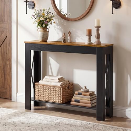 Farmhouse Console Table, 39.4'' Small Narrow Entryway Table, Wood Couch Table Behind Sofa with Storage Shelf, Slim Farmhouse Hallway Table for Hallway, Foyer, Black and Rustic Brown CT34BR - color: Black + Rustic Brown