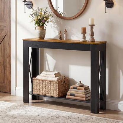 Farmhouse Console Table, 39.4'' Small Narrow Entryway Table, Wood Couch Table Behind Sofa with Storage Shelf, Slim Farmhouse Hallway Table for Hallway, Foyer, Black and Rustic Brown CT34BR - color: Black + Rustic Brown