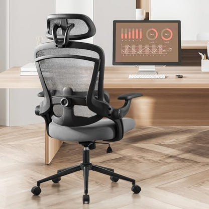 DUMOS Executive Home Office Chair, Ergonomic Computer Desk Chair, Mesh | 300 LBS, High Back, 2D Headrest, Adjustable Lumbar Support, Flip-up Armrests, Swivel Wheels, Classic Gray - color: Classic Gray