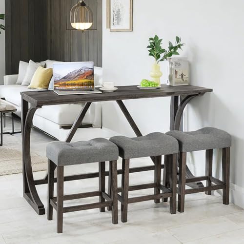 59" Counter Height Bar Table Set with Power Outlet, Industrial Breakfast Table with 3 Padded Stools, 4 Piece Bar Table and Chairs Set for Living Room, Dining Room, Dark Gray - color: O-dark Gray