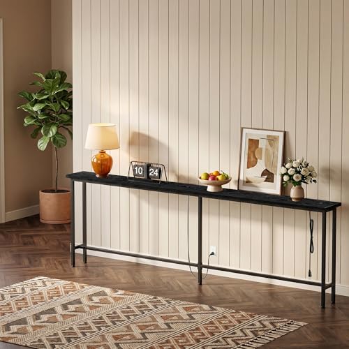 GRLEAF 102 Inch Narrow Sofa Table with Power Outlets, Extra Long Console Table Behind Couch Table with Charging Station, Skinny Entryway Table Thin Table for Living Room, Narrow Spaces (Black) - color: Black, size: 102IN