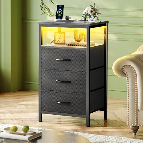 Huuger Night Stand with Charger Station and LED Lights, 3 Drawer Nightstand | Bed Side Table with Open ShelfEnd TableTall Fabric Dresser for Bedroom, Grey - color: Grey, size: 11.8"D x 15.7"W x 27.6"H（3 Drawers）