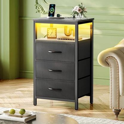 Huuger Night Stand with Charger Station and LED Lights, 3 Drawer Nightstand | Bed Side Table with Open ShelfEnd TableTall Fabric Dresser for Bedroom, Grey - color: Grey, size: 11.8"D x 15.7"W x 27.6"H（3 Drawers）