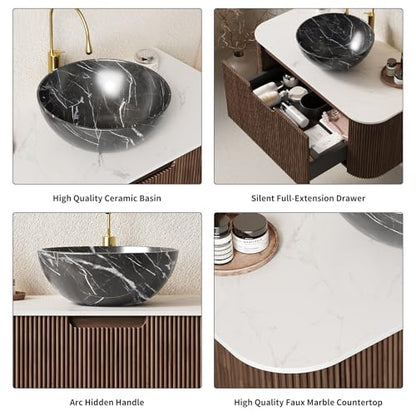 30” Floating Bathroom Vanity with Sink, Fluted Wall-Mounted Solid Wood Cabinet, Black Marble-Patterned Bowl Basin, Faux Marble Top, Soft-Close Drawer, Pre-Assembled, Walnut Woodgrain - color: 05 - Walnut Woodgrain, size: 30"