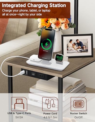 Floor Lamp with Table & Remote, Side End Table with Charging Station, Dimmable Nightstand with 3 Color Temperatures, 1-Hour Timer, 12W LED Bulb, for Living Room, Bedroom(Grey) - color: Gray