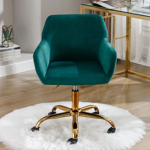 Velvet Makeup Vanity Chair,Home Office Desk Chair with Wheels, Green | Fluffy Swivel Modern Armchair Upholstered Fuzzy Height Adjustable for Teens Women Girls Elegant for Living Room Bedroom - color: Green