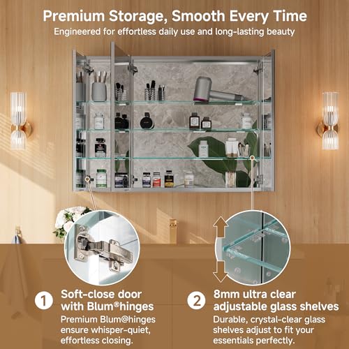 40" x 30" Bathroom Medicine Cabinet with Mirror, Recessed or Wall Mount | Medicine Cabinets with Adjustable Glass Shelves, Soft-Closed Hinge, Chrome Aluminum Frame, Reverse Installation - size: 40" x 30"