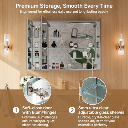 40" x 30" Bathroom Medicine Cabinet with Mirror, Recessed or Wall Mount | Medicine Cabinets with Adjustable Glass Shelves, Soft-Closed Hinge, Chrome Aluminum Frame, Reverse Installation - size: 40" x 30"