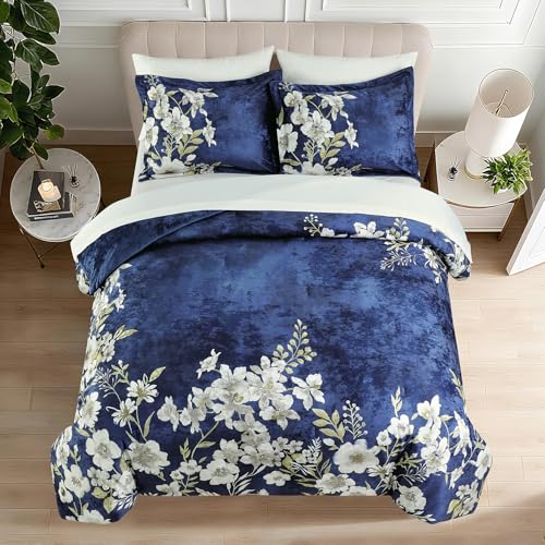 Sunshine Nicole Reversible Comforter Set, Printed Distressed Velvet Front and Sold Distressed Velvet Reverse, 3 Pieces Navy Blue Queen, with Soft Polyester Fill - color: Navy, size: Queen