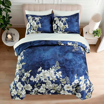 Sunshine Nicole Reversible Comforter Set, Printed Distressed Velvet Front and Sold Distressed Velvet Reverse, 3 Pieces Navy Blue King, with Soft Polyester Fill - color: Navy, size: King